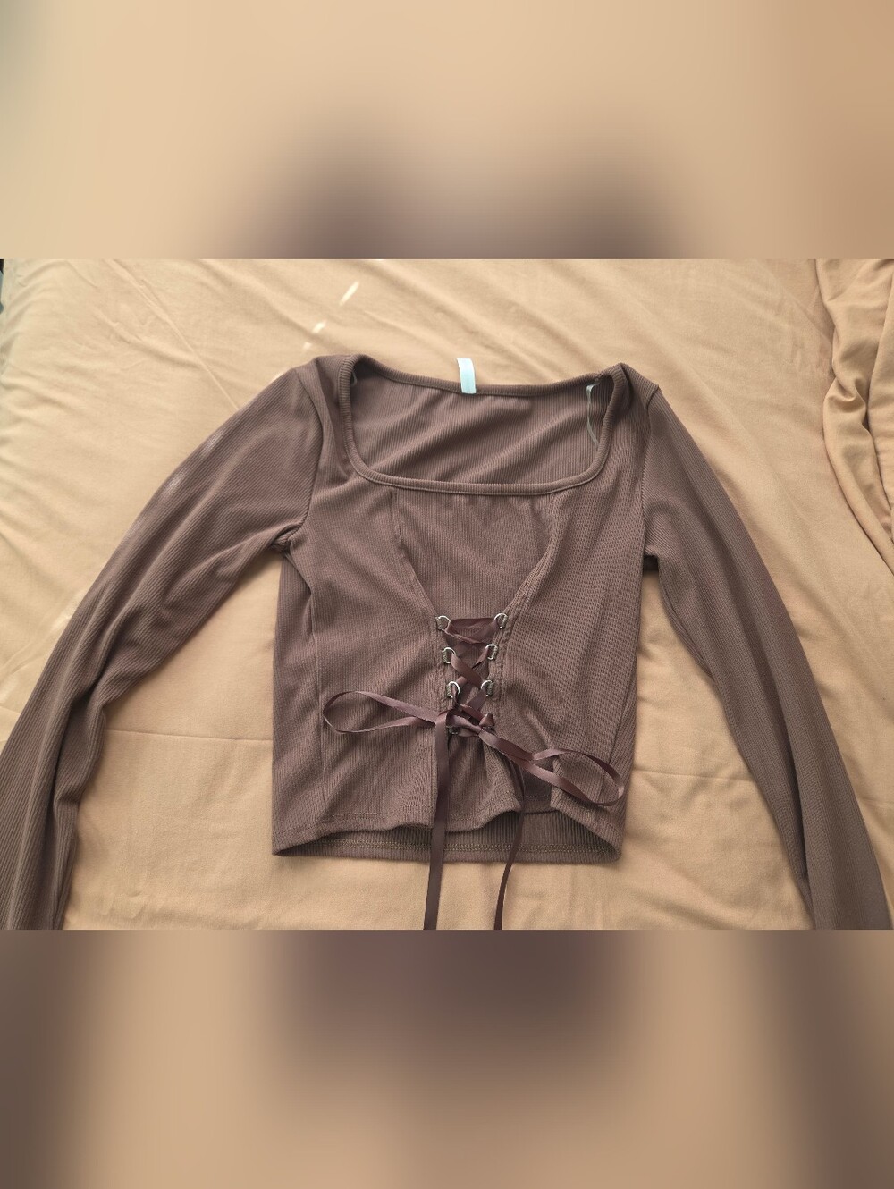 Ribbed Lace-Up Square Neck Long Sleeve Cropped Top - Brown